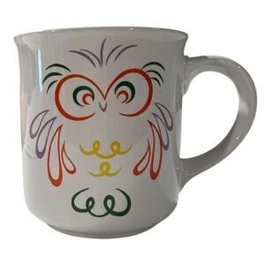 Vintage Owl Face Coffee Mug White Ceramic Colorful Retro Design Cup